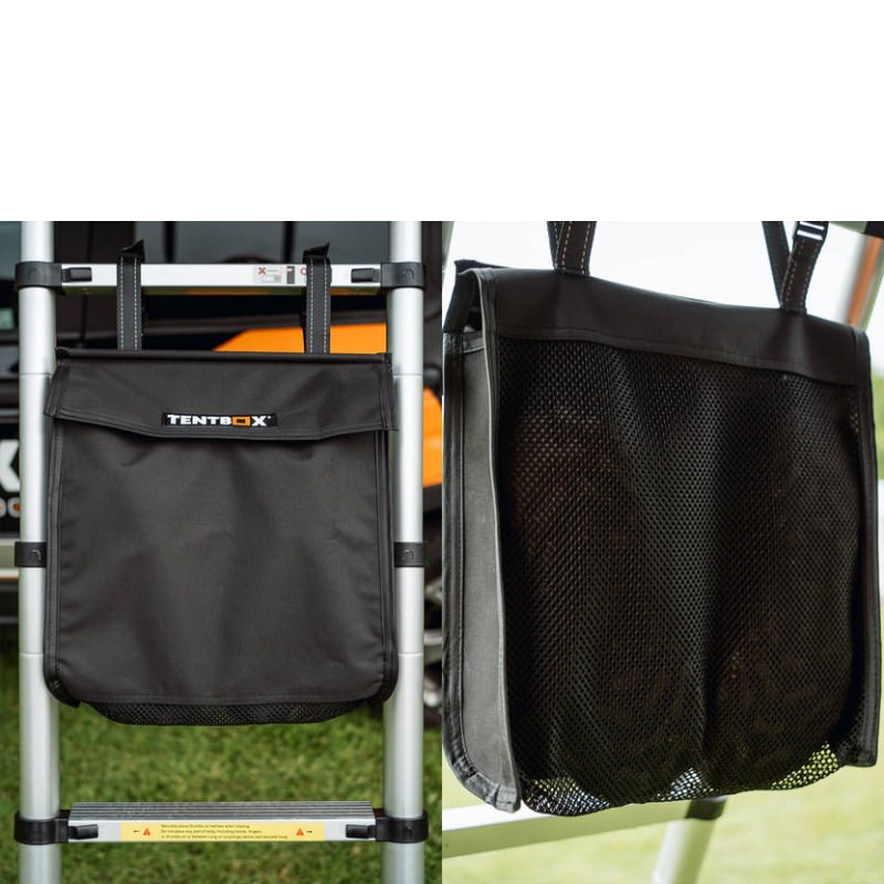 tentbox-boot-bag-front-view-with-rear-mesh-panel-on-ladder-in-nature