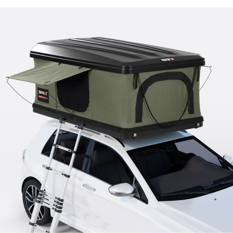 tentbox-classic-2-hard-shell-roof-top-tent-forest-green-open-on-vehicle-with-ladder-on-white-background