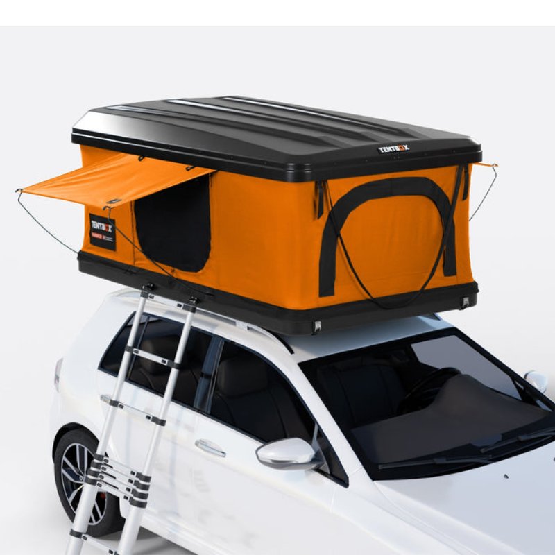 tentbox-classic-2-hard-shell-roof-top-tent-sunset-orange-open-on-vehicle-with-ladder-on-white-background