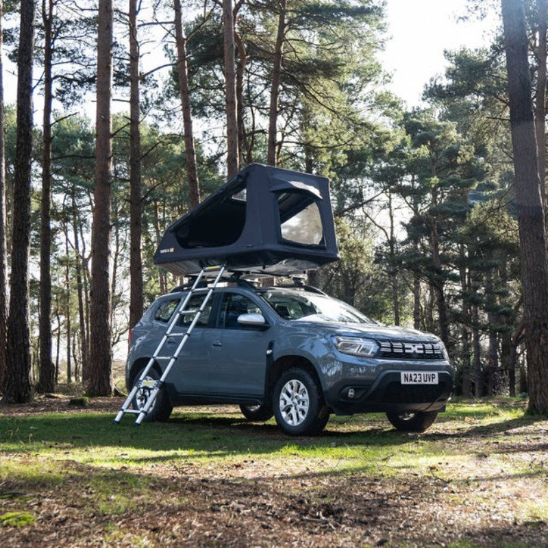  Analyzing image    tentbox-go-hybrid-roof-top-tent-black-open-fornt-corner-view-on-vehicle-with-ladder-in-nature