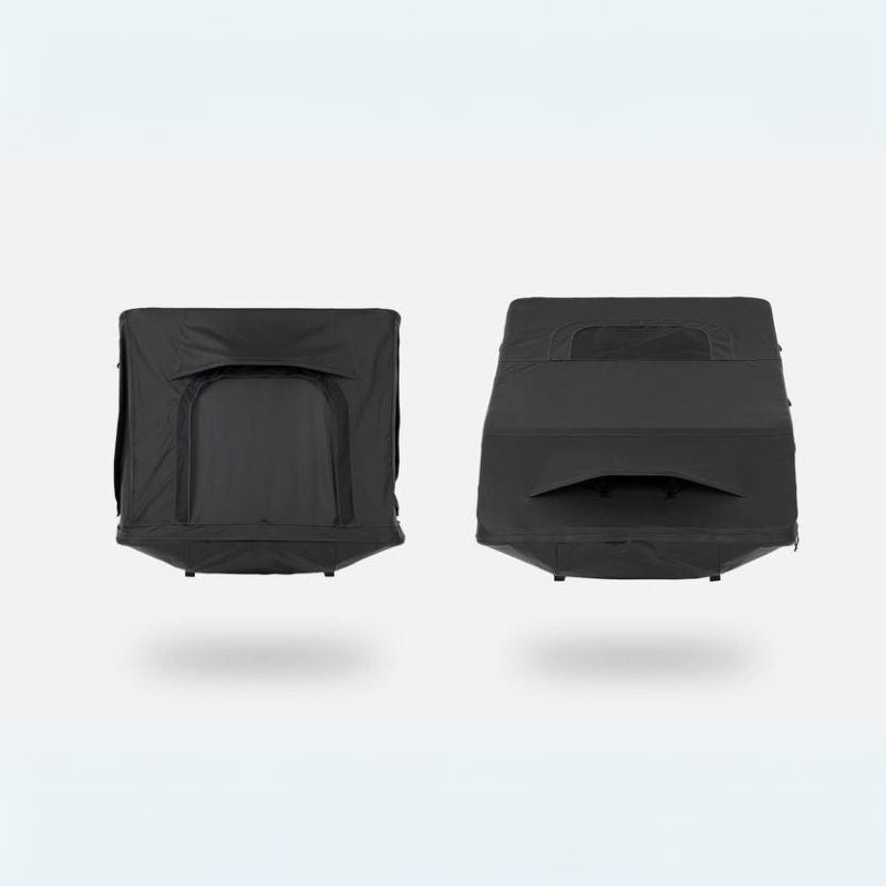 tentbox-go-hybrid-roof-top-tent-black-open-front-and-rear-view-closed-tent-on-white-background