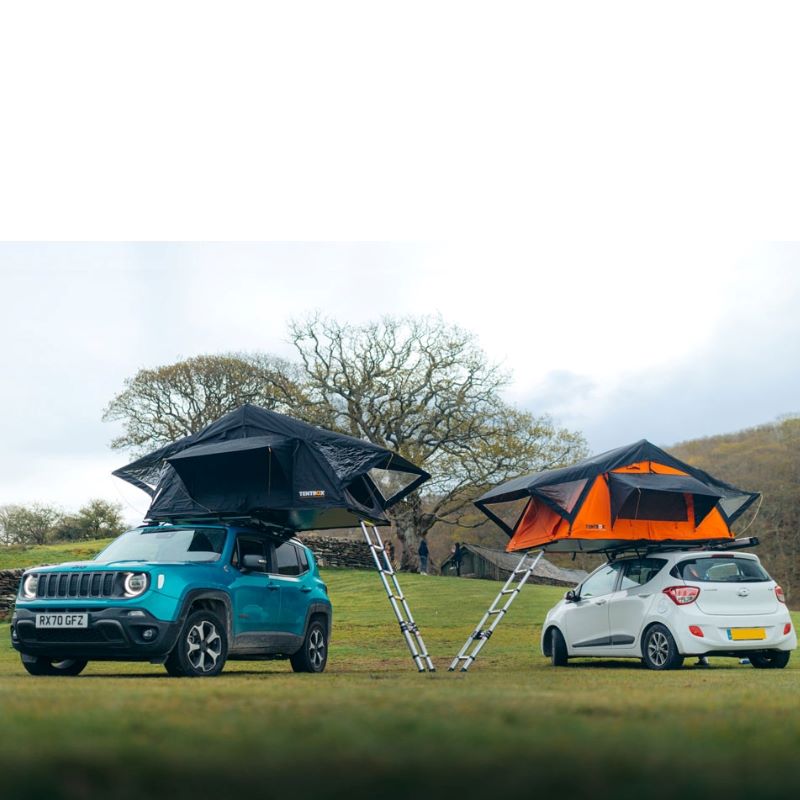 tentbox-lite-1-0-soft-shell-roof-top-tent-black-and-orange-open-side-view-on-jeep-and-hyundai-with-ladders-in-nature