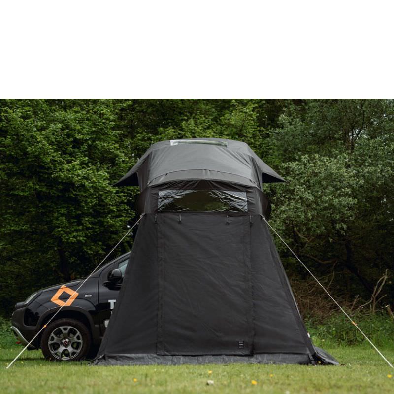 tentbox-lite-2-living-pod-black-open-front-view-doors-closed-on-fiat-panda-cross-in-nature