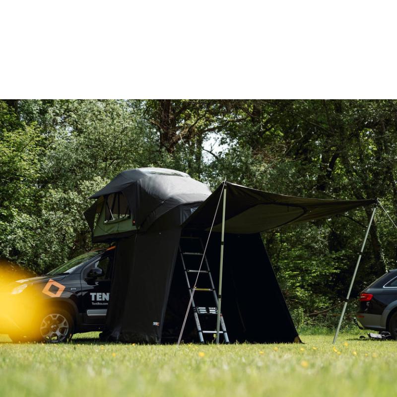 tentbox-lite-2-living-pod-black-wing-mode-open-front-corner-view-on-fiat-panda-cross-in-nature