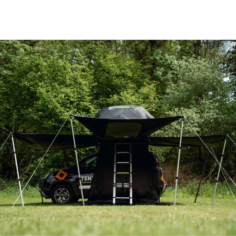 tentbox-lite-2-living-pod-black-wing-mode-open-front-view-with-telescopic-poles-and-ladder-on-fiat-panda-cross-in-nature