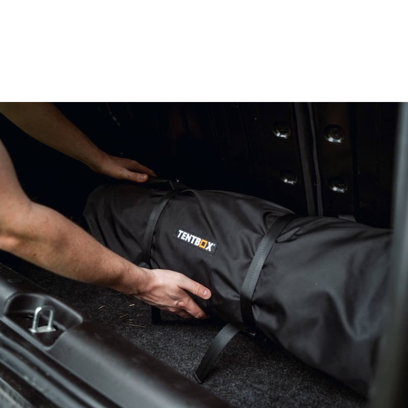tentbox-lite-xl-living-pod-black-closed-front-view-inside-bag-in-vehicle