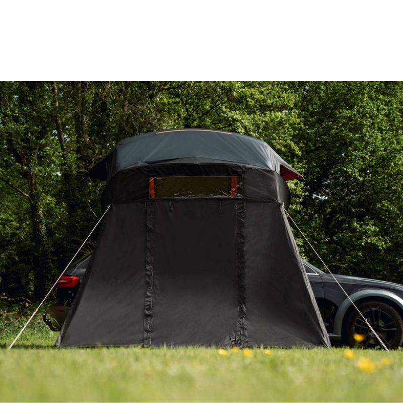 tentbox-lite-xl-living-pod-black-open-front-view-with-door-flaps-closed-on-vehicle-in-nature