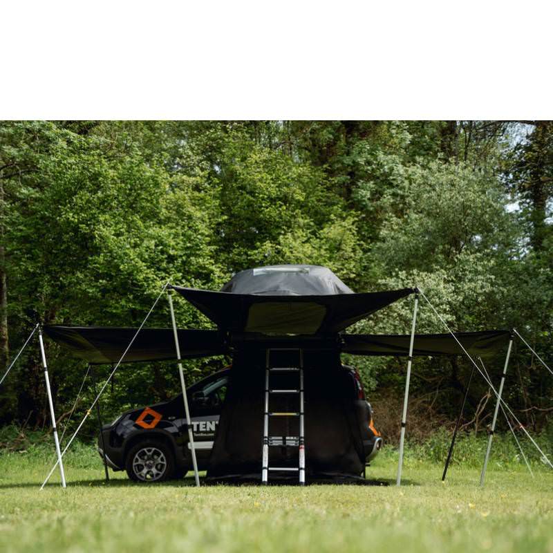 tentbox-lite-xl-living-pod-black-wing-mode-open-front-view-on-fiat-panda-cross-in-nature