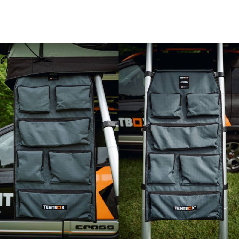 tentbox-utility-pockets-slate-gray-open-on-ladder-in-nature