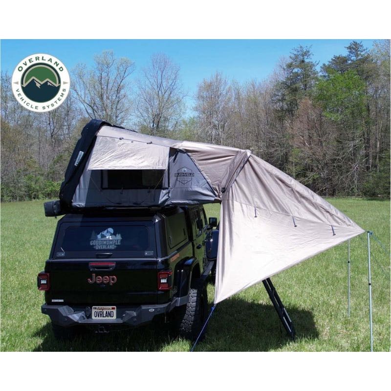 overland-vehicle-systems-bushveld-awning-fitted-to-bushveld-hard-shell-roof-top-tent-on-jeep-gladiator-mojave-rear-view