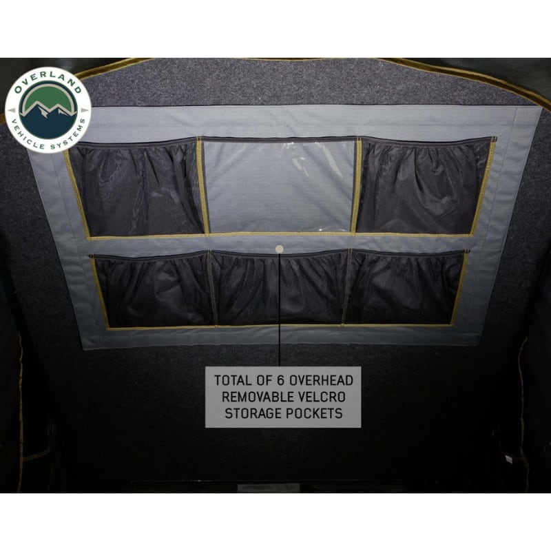 overland-vehicle-systems-mamba-hard-shell-roof-top-tent-open-interior-view-overhead-storage-pocket-description