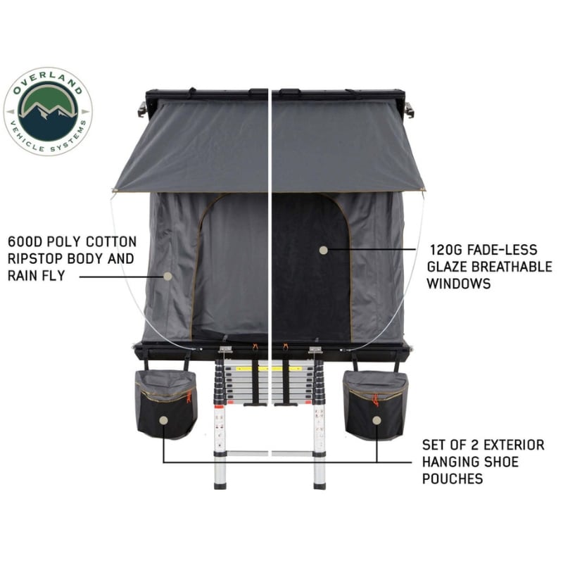 overland-vehicle-systems-mamba-hard-shell-roof-top-tent-open-rear-view-with-fabric-specifications-and-shoe-pouches