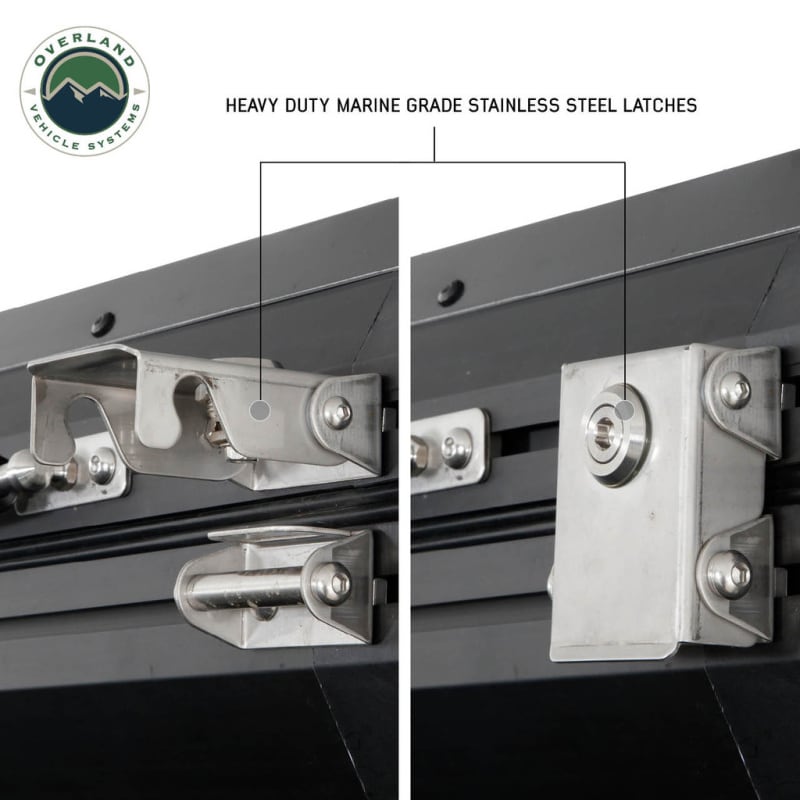 overland-vehicle-systems-sidewinder-hard-shell-roof-top-tent-profile-view-with-lockable-stainless-steel-latch-in-open-and-closed-positions