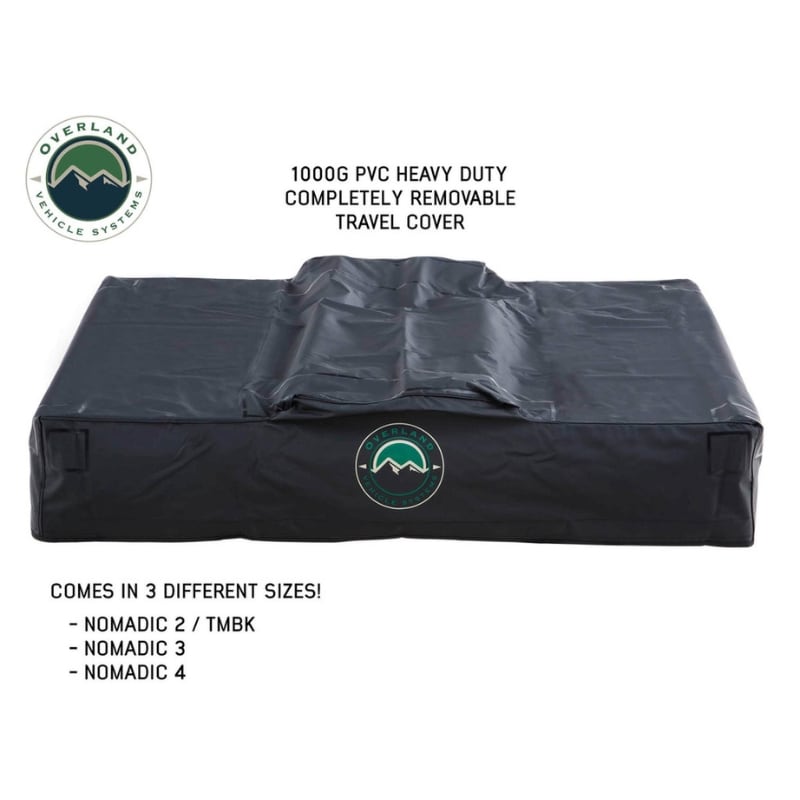 overland-vehicle-systems-tmbk-soft-shell-roof-top-tent-tan-closed-with-black-heavy-duty-travel-cover-and-tent-size-description