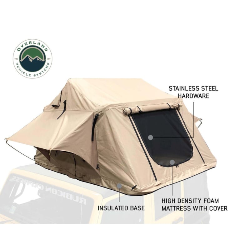 overland-vehicle-systems-tmbk-soft-shell-roof-top-tent-tan-open-front-corner-view-with-mattress-hardware-and-insulated-base-description