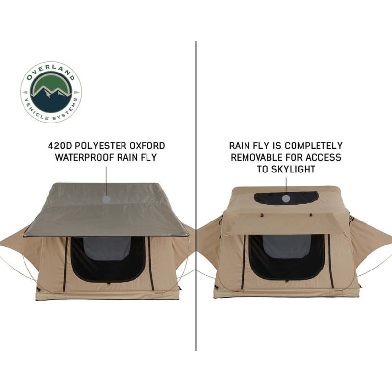 overland-vehicle-systems-tmbk-soft-shell-roof-top-tent-tan-open-front-view-removable-rainfly-description