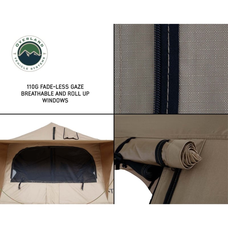 overland-vehicle-systems-tmbk-soft-shell-roof-top-tent-tan-open-insectmesh-and-window-roll-up-description