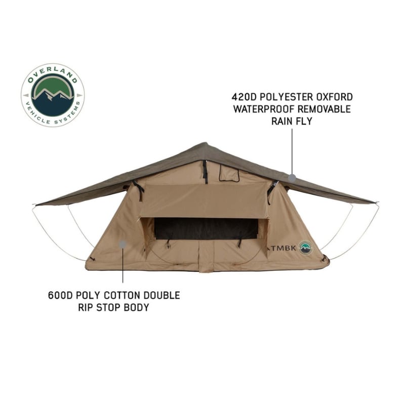 overland-vehicle-systems-tmbk-soft-shell-roof-top-tent-tan-open-side-view-fabric-description